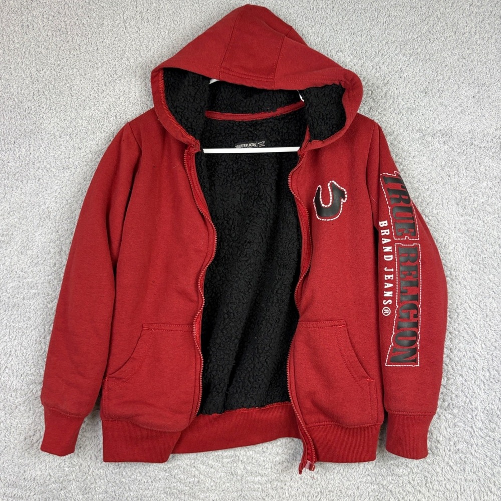 True Religion Hoodie Boys Medium 10-12 Red Sherpa Lined Full Zip NO ZIPPER